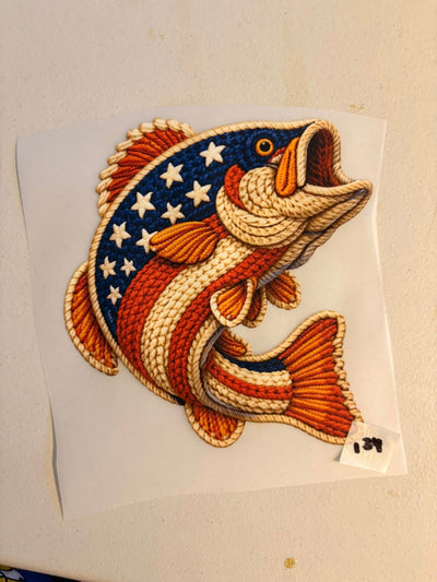 3D Embroidery Patriotic Bass Fish DTF Transfer