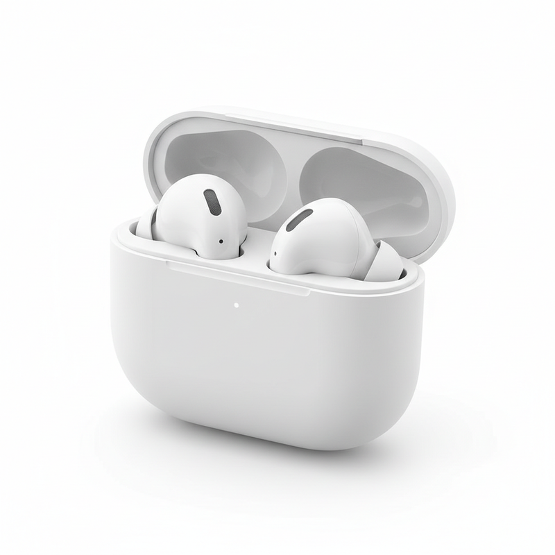 Wireless earbuds in charging case on white background